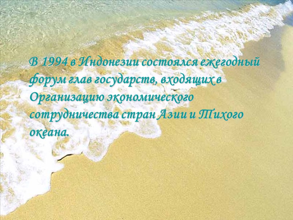 В 1994 в Индонезии состоялся ежегодный форум глав государств, входящих в Организацию экономического сотрудничества